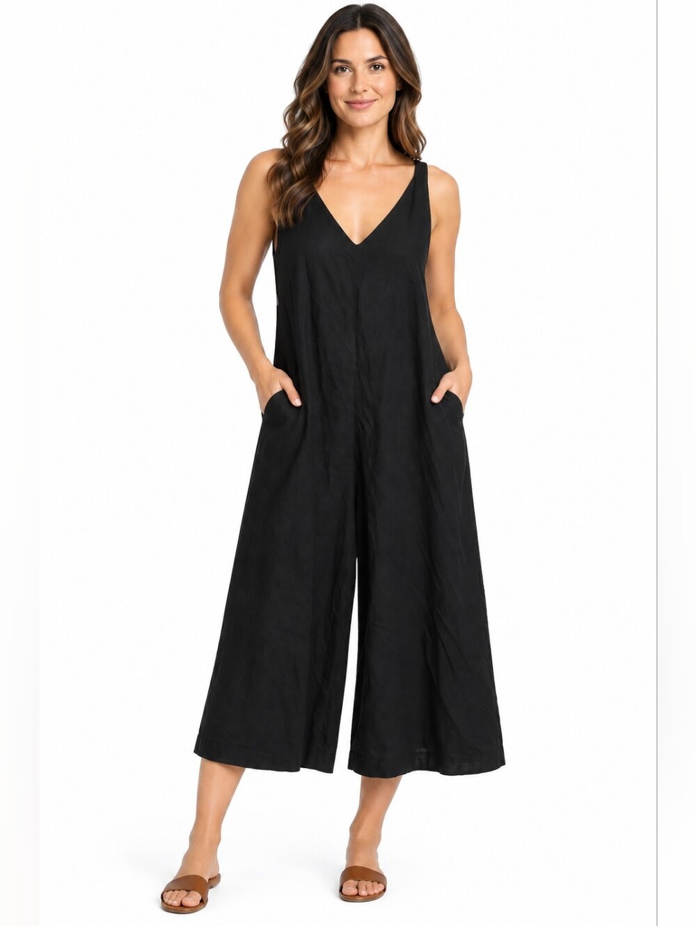 Uniqlo Linen Blend Black V-Neck Wide-Leg Sleeveless Jumpsuit Women's Size XS